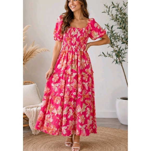 BTFBM Dresses & Skirts - NWT BTFBM Pink Floral Smocked Maxi Dress Puff Sleeve Tiered Boho Women's L